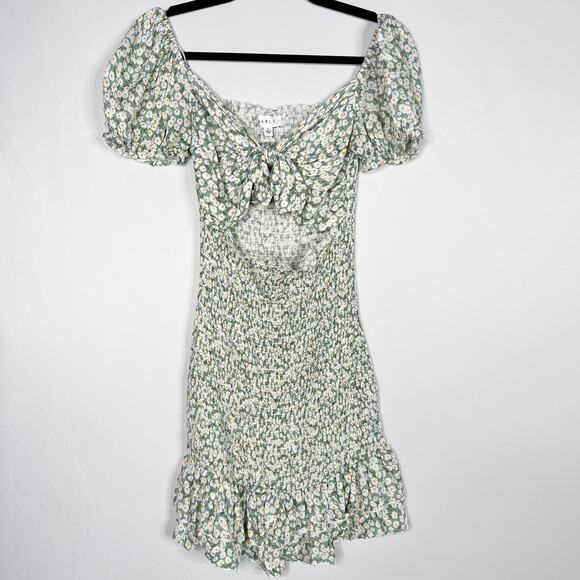 Mable Small S Sage Green Nikki Front Tie Smocked Mini Dress Ditsy Floral Print - Picture 1 of 14